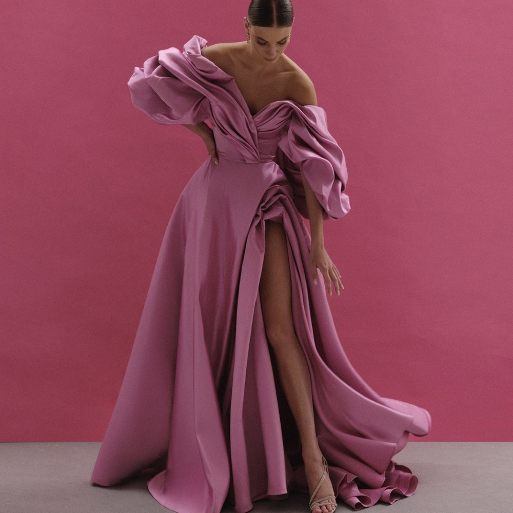 Off-Shoulder Pink Maxi Gown with Dramatic Puff Sleeves